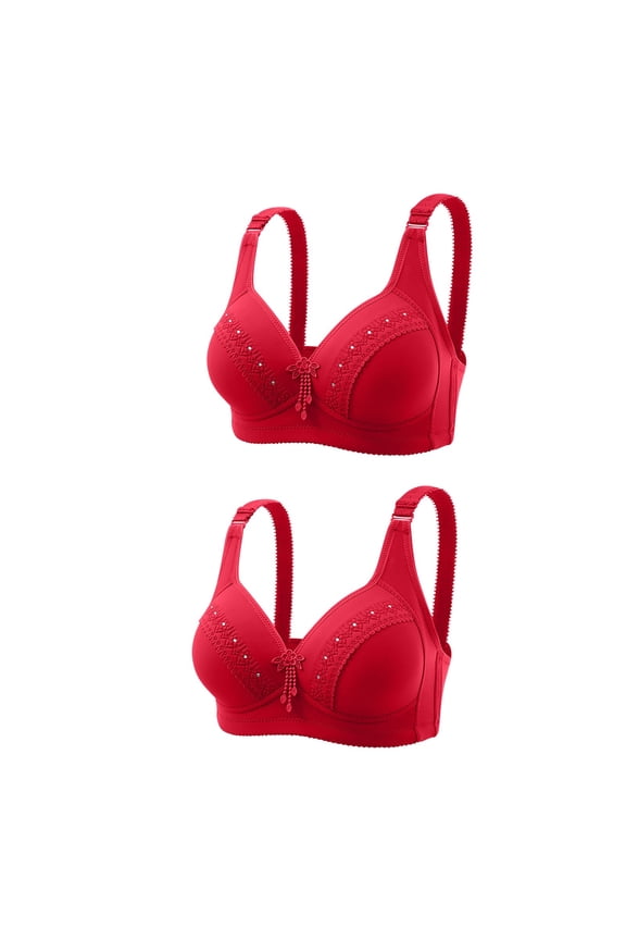 Women 2 Pack Wirefree Everyday Bras Comfy Full Coverage Floral Padded Bralettes with Rhinestone T-Shirt Breathable Brasiers, Red, 38