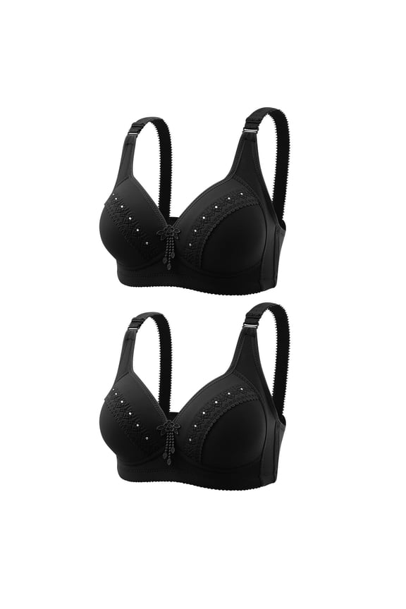 Women 2 Pack Wirefree Everyday Bras Comfy Plus Size Floral Full Coverage Bralettes with Rhinestone T-Shirt Push Up Brasiers, Black, 38