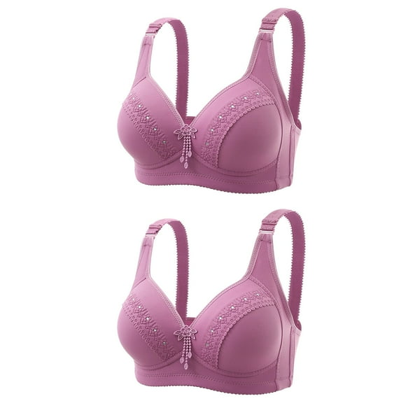 Women 2 Pack Wirefree Everyday Bras Comfy Plus Size Floral Full Coverage Bralettes with Rhinestone T-Shirt Push Up Brasiers, Purple, 38
