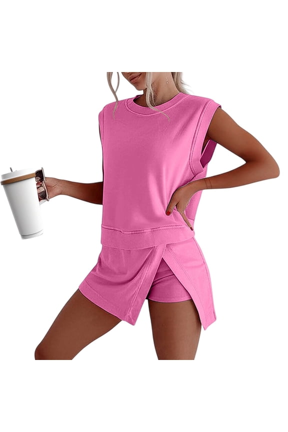 Women 2 Pcs Outfits Shorts Tank Top and Skort Lined Split Athletic Skirt Set (Hot Pink XL)