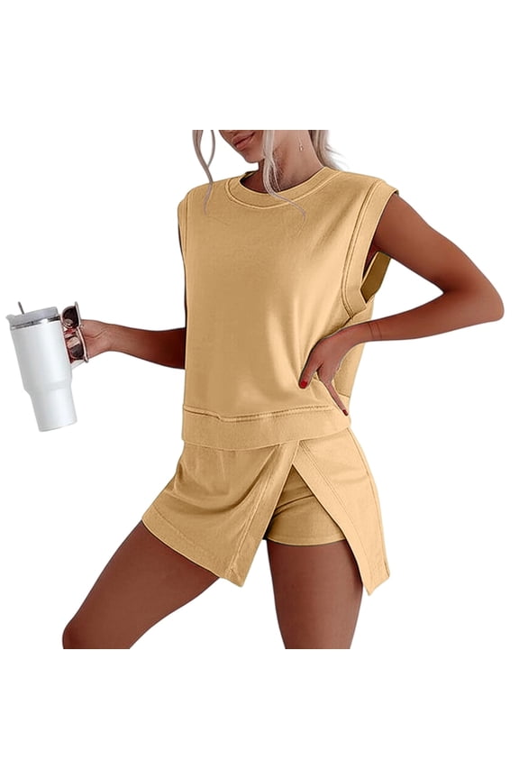 Women 2 Pcs Outfits Shorts Tank Top and Skort Lined Split Athletic Skirt Set (Yellow M)