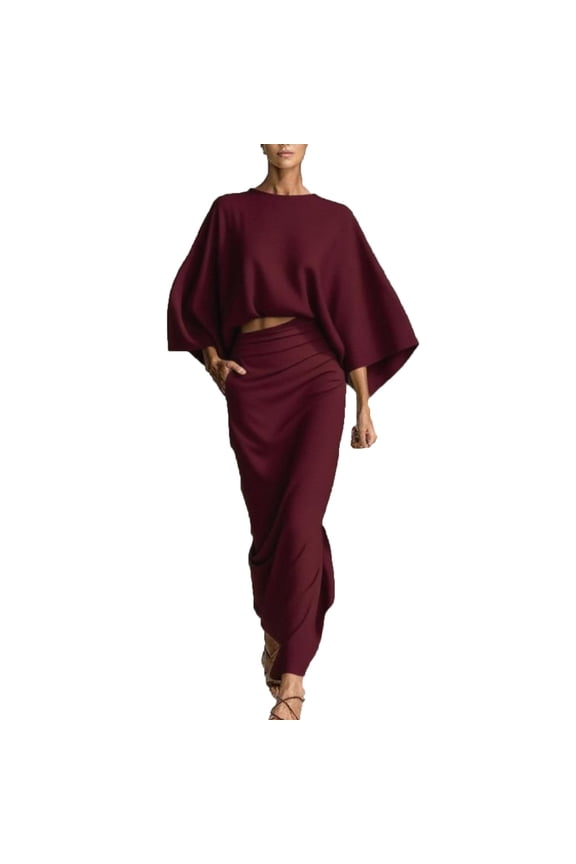 Women 2 Piece Batwing Sleeve Maxi Dress Set Crew Neck Top with High Waist Ruched Long Skirt Outfit
