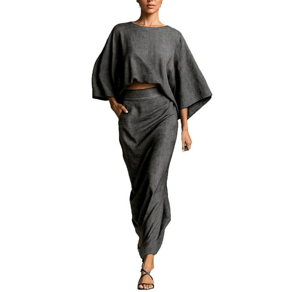 Women 2 Piece Batwing Sleeve Maxi Dress Set Crew Neck Top with High Waist Ruched Long Skirt Outfit