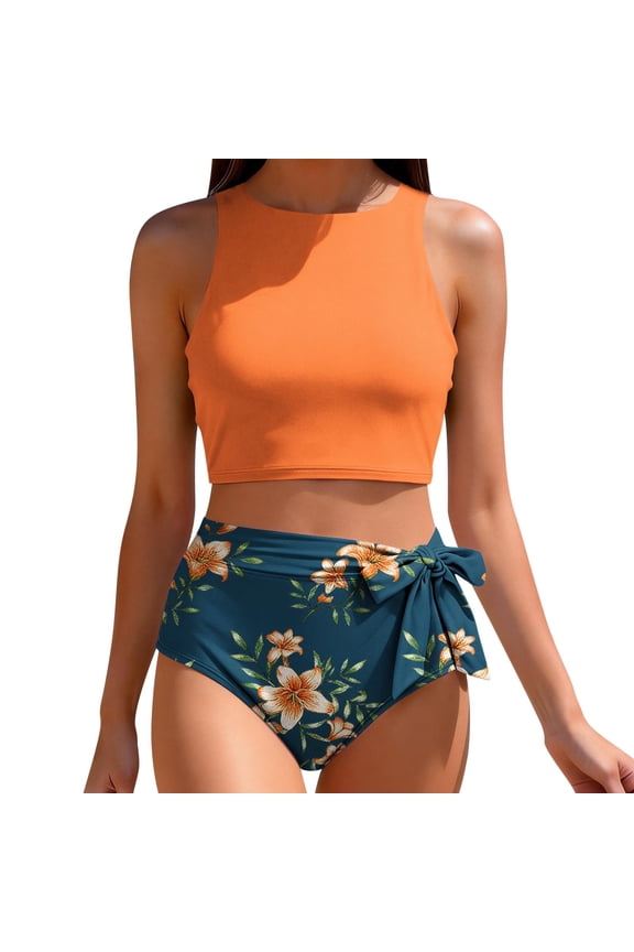 Women 2 Piece Bikini Set Crew Neck Sleeveless Cropped Halter Side Bow Trunks Stretchy Modest Bathing Suit (L, Orange)