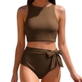 thumbnail image 1 of Women 2 Piece Bikini Set Crew Neck Sleeveless Cropped Halter Side Bow Trunks Stretchy Modest Bathing Suit (M, Brown), 1 of 9