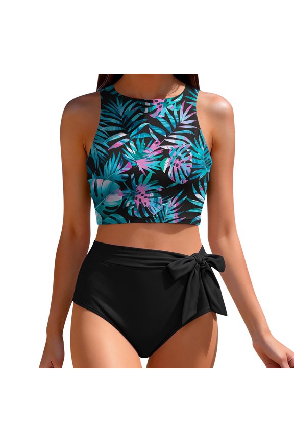 Women 2 Piece Bikini Set Crew Neck Sleeveless Cropped Halter Side Bow Trunks Stretchy Modest Bathing Suit (XL, Multicolor)
