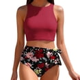 thumbnail image 1 of Women 2 Piece Bikini Set Crew Neck Sleeveless Cropped Halter Side Bow Trunks Stretchy Modest Bathing Suit (XL, Wine), 1 of 9