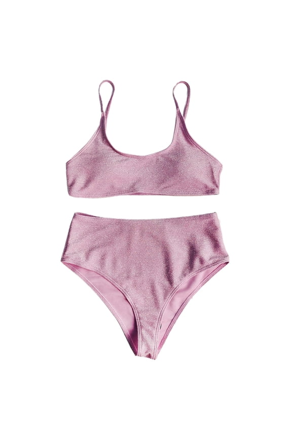 Women 2 Piece Bikini Set Shiny Shimmer Solid Color Push Up Padded Swimsuit High Waisted Tummy Control Bathing Suit