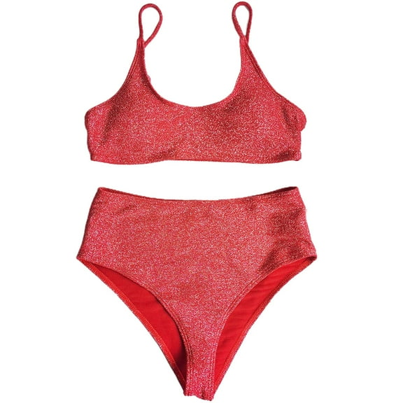 Women 2 Piece Bikini Set Shiny Shimmer Solid Color Push Up Padded Swimsuit High Waisted Tummy Control Bathing Suit