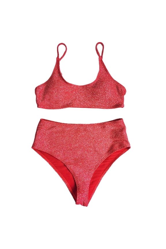 Women 2 Piece Bikini Set Shiny Shimmer Solid Color Push Up Padded Swimsuit High Waisted Tummy Control Bathing Suit