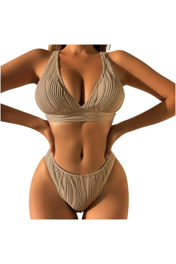 Women 2 Piece Bikini Set Vneck Ruched Cross Back Swimwear Triangle High Cut Cheeky Brazilian Bathing Suit