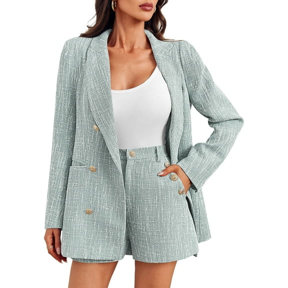 Women 2 Piece Blazer Shorts Sets Long Sleeve Double Breasted Suit Jackets Business Outfit