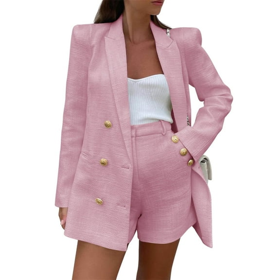 Women 2 Piece Blazer Shorts Sets Long Sleeve Double Breasted Suit Jackets Business Outfit