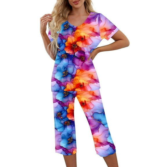 Women 2 Piece Capri Sets Short Sleeve V Neck Tops and Capris Pants Floral Print Lounge Set Pj Sets for Women