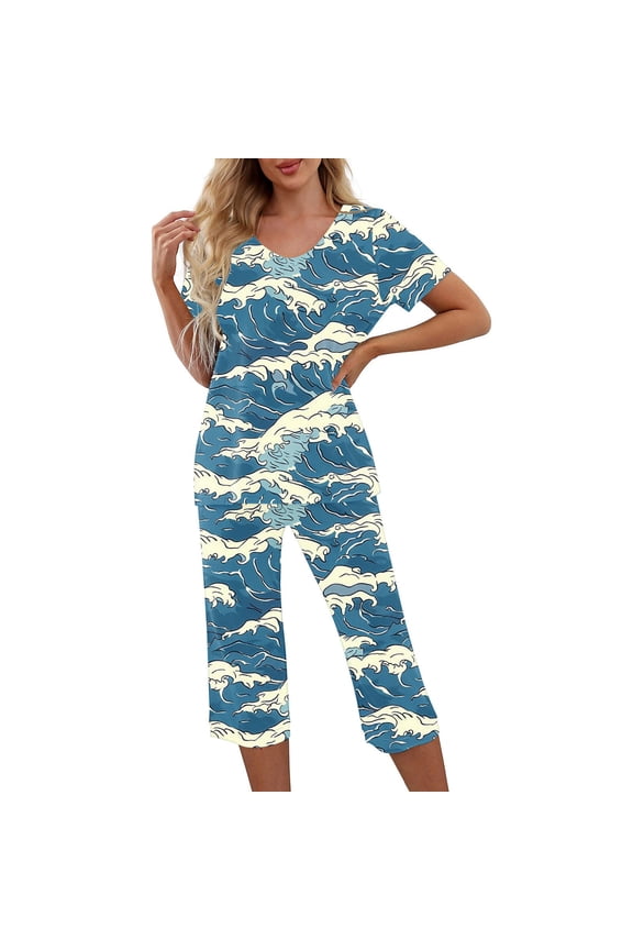 Women 2 Piece Capri Sets Short Sleeve V Neck Tops and Capris Pants Floral Print Lounge Set Womens Pajama Sets Sale