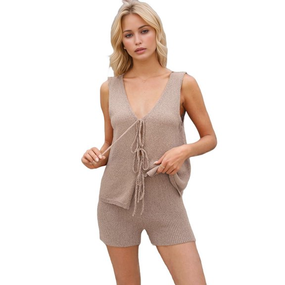 Women 2 Piece Casual Knit Loungewear V Neck Tie Front Vest Matching Shorts Sets Beach Cover Up Vacation Resort Outfits Pale Pinkish Gray M