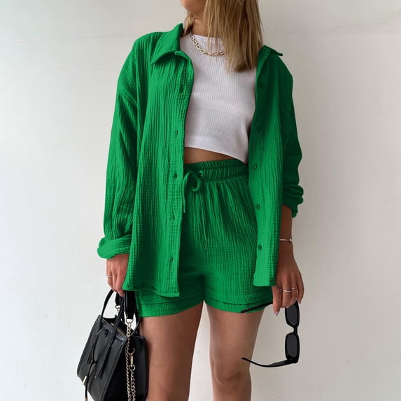 Women 2 Piece Casual Outfit Sets Oversized Long Sleeve Button Down Shirt & Drawstring High Waist Shorts Lightweight Double Crinkle Gauze Summer Loose Tracksuit Green S