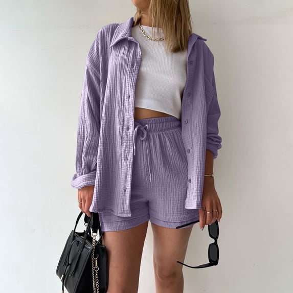 Women 2 Piece Casual Outfit Sets Oversized Long Sleeve Button Down Shirt & Drawstring High Waist Shorts Lightweight Double Crinkle Gauze Summer Loose Tracksuit Purple 2XL