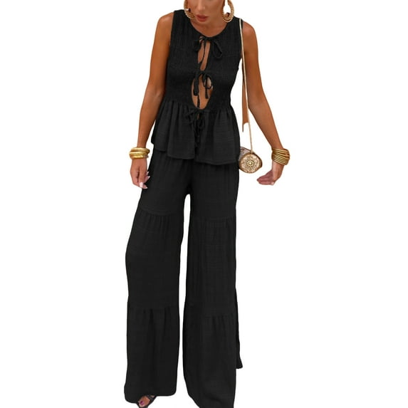 Women 2 Piece Casual Outfits Sleeveless Tie Front Peplumn Tops Wide Leg Pants Sets Streetwear for Vacation