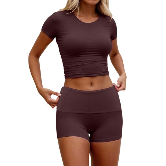 Women 2 Piece Casual Suit Pleated Short Sleeve Top And High Waisted Wide Leg Pants Tracksuit Set