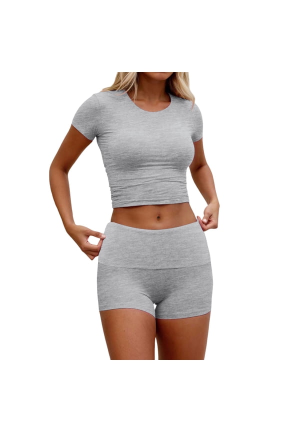 Women 2 Piece Casual Suit Pleated Short Sleeve Top And High Waisted Wide Leg Pants Tracksuit Set