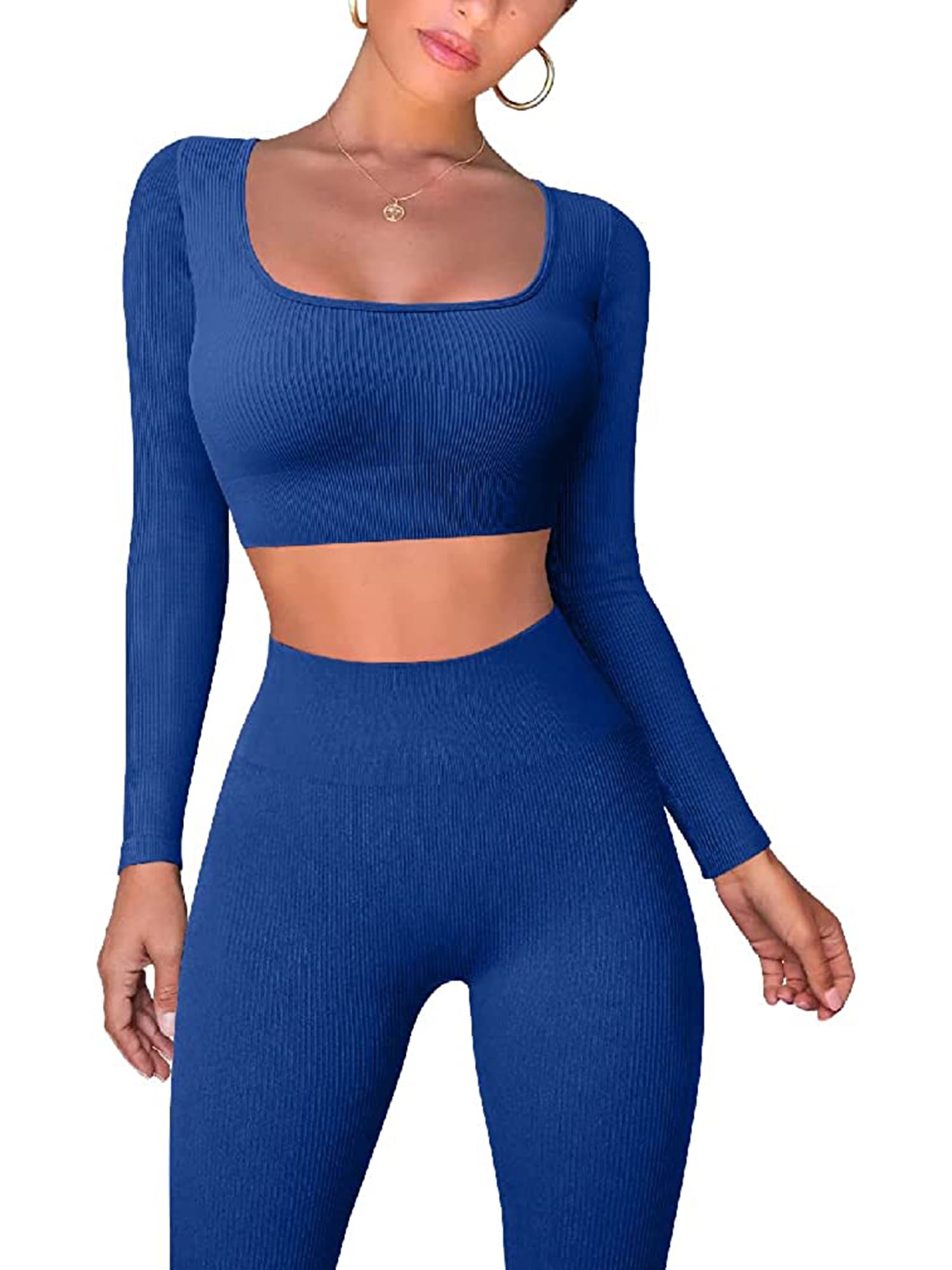 Women 2 Piece Casual Workout Outfits Ribbed Crop Tank Top High Waist Yoga Leggings Active Wear