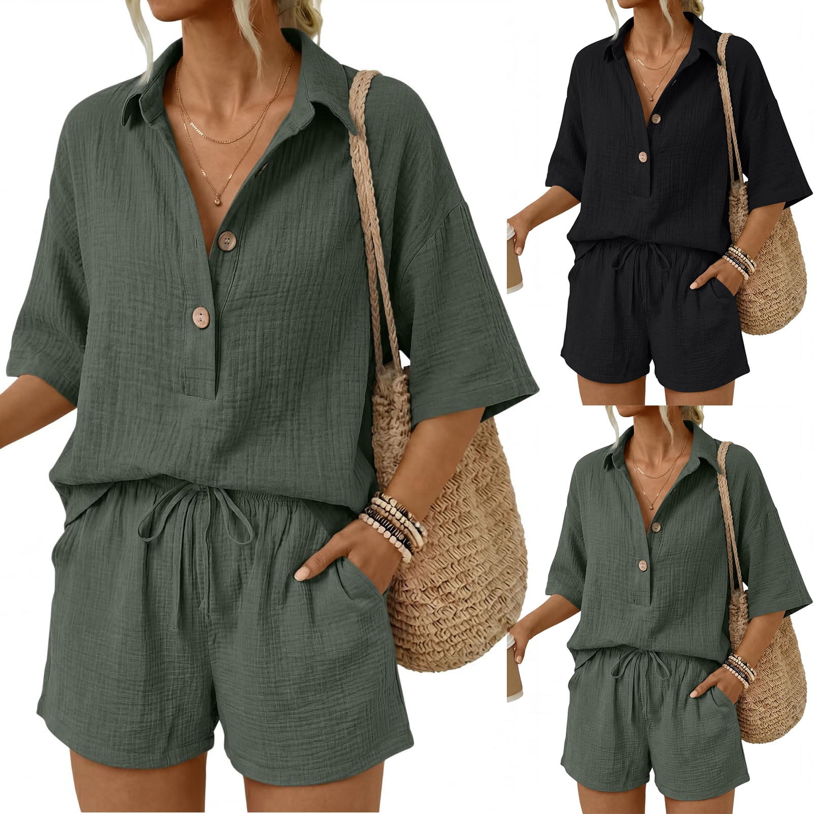 Women 2 Piece Cotton Linen Short Sets 2026 Summer Vacation V Neck Short — free download