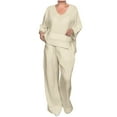 thumbnail image 1 of Women 2 Piece Cotton Pants Suit Casual Loose Fit Outfit Long Sleeve Solid V Neck Shirts Sets Straight Leg Trousers, 1 of 7