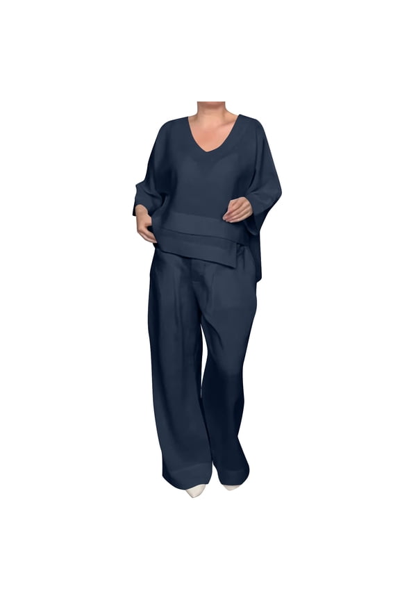 Women 2 Piece Cotton Pants Suit Casual Loose Fit Outfit Long Sleeve Solid V Neck Shirts Sets Straight Leg Trousers