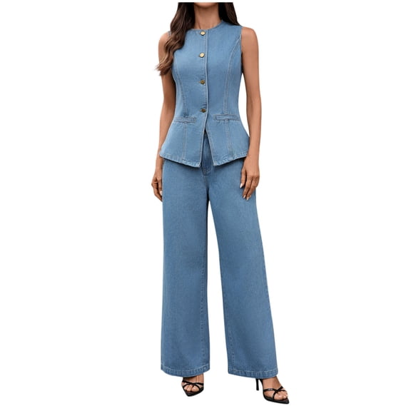 Women 2 Piece Denim Set Button Sleeveless Jean Vest Wide Leg Jeans Palazzo Pants Dressy Casual Outfits Lounge Sets, L