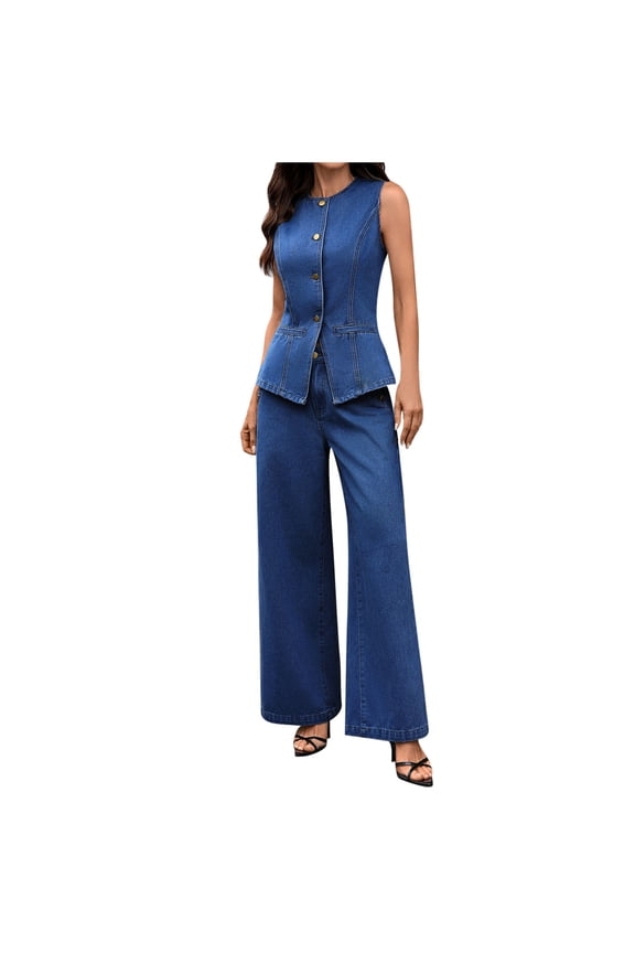 Women 2 Piece Denim Set Button Sleeveless Jean Vest Wide Leg Jeans Palazzo Pants Dressy Casual Outfits Lounge Sets, L
