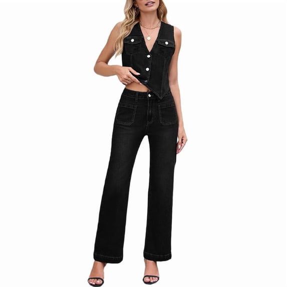 Women 2 Piece Denim Set Button Sleeveless Jean Vest Y2k Shirt Wide Leg Jeans Palazzo Pants Black & Gray Suit M