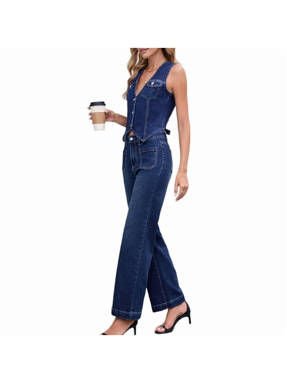Women 2 Piece Denim Set Button Sleeveless Jean Vest Y2k Shirt Wide Leg Jeans Palazzo Pants Blue Suit L