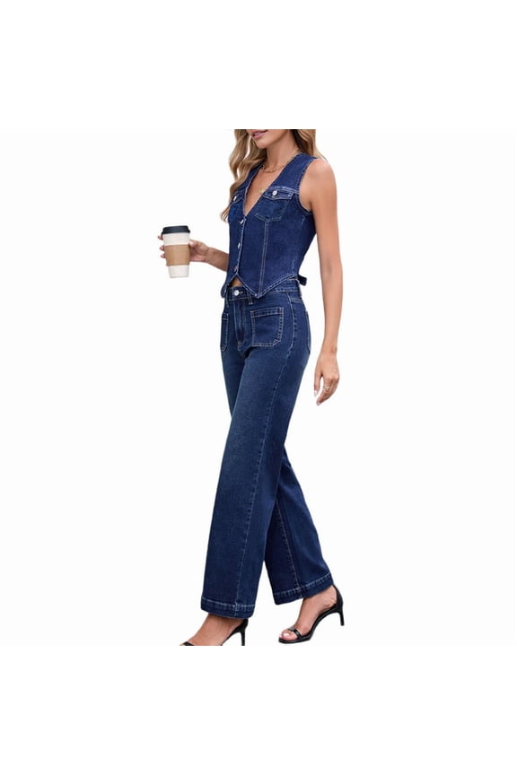 Women 2 Piece Denim Set Button Sleeveless Jean Vest Y2k Shirt Wide Leg Jeans Palazzo Pants Blue Suit L