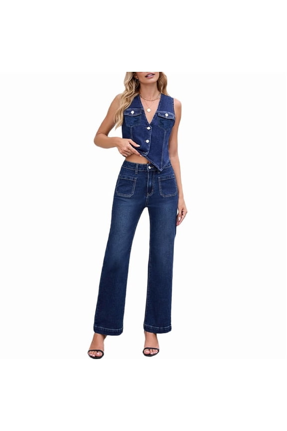 Women 2 Piece Denim Set Button Sleeveless Jean Vest Y2k Shirt Wide Leg Jeans Palazzo Pants Blue Suit L