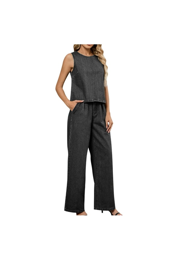 Women 2 Piece Denim Set Sleeveless Jean Vest Tops Wide Leg Jeans Palazzo Pants Dressy Casual Outfits Lounge Sets, XL