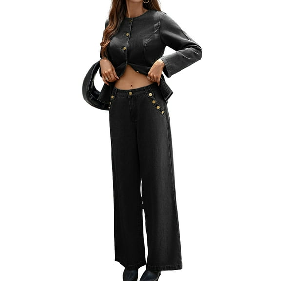 Women 2 Piece Denim Set Y2k Shirt Wide Leg Jeans Palazzo Pants Outfits Black & Grey Suit L