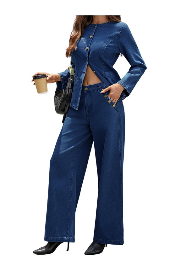 Women 2 Piece Denim Set Y2k Shirt Wide Leg Jeans Palazzo Pants Outfits Blue Suit XL