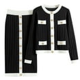 thumbnail image 1 of Women 2 Piece Elegant Knit Matching Skirt Set, Tweed Contrast Trim Long Sleeve Cropped Cardigan High Waist Straight Knit Midi Skirt Spring Fall office Commute Tracksuit Black 4-8(Free Size), 1 of 6