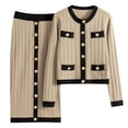 thumbnail image 1 of Women 2 Piece Elegant Knit Matching Skirt Set, Tweed Contrast Trim Long Sleeve Cropped Cardigan High Waist Straight Knit Midi Skirt Spring Fall office Commute Tracksuit Khaki 4-8(Free Size), 1 of 6