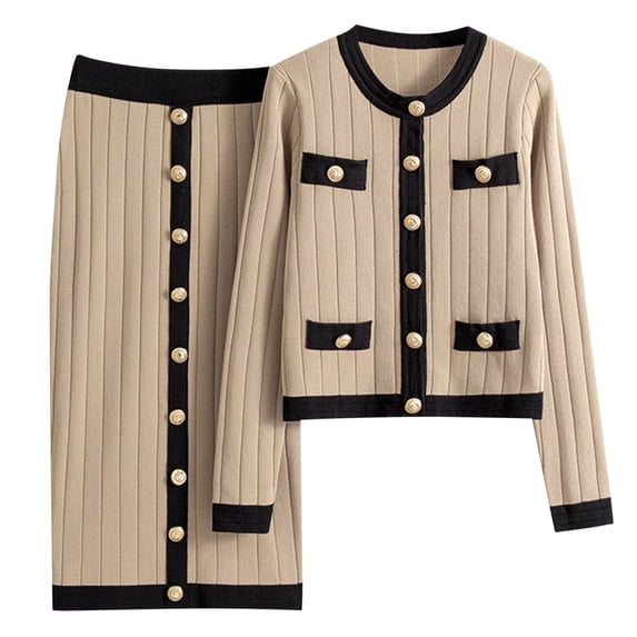 Women 2 Piece Elegant Knit Matching Skirt Set, Tweed Contrast Trim Long Sleeve Cropped Cardigan High Waist Straight Knit Midi Skirt Spring Fall office Commute Tracksuit Khaki 4-8(Free Size)