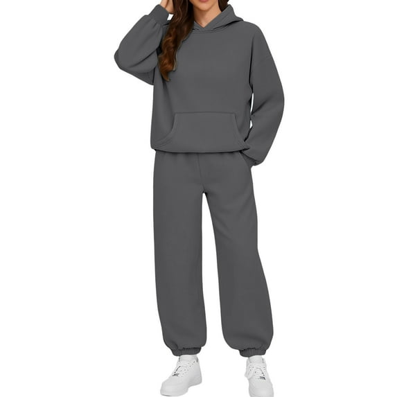 Women 2 Piece Fall Travel Outfits Loose Long Sleeve Pullover Hoodies and Wide Leg Joggers Workout Loungewear Set New Travel Sets for Women 2 Piece Plus Size Dark Gray XXL