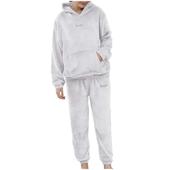 Women 2 Piece Fleece Fluffy Pajamas Sets Fleece Hoodies Pullover Soft Plush Sleepwear Winter Warm Pjs Set Loungewear