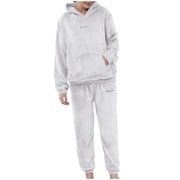 Women 2 Piece Fleece Fluffy Pajamas Sets Fleece Hoodies Pullover Soft Plush Sleepwear Winter Warm Pjs Set Loungewear