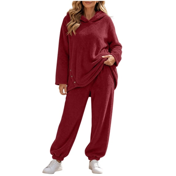 Women 2 Piece Fleece Loungewear Set Hooded Long Sleeve Pullover Tops with Side Buttons, Elastic Cuffed Jogger Pants Tracksuit, Fall Winter Daily Wear Red XL
