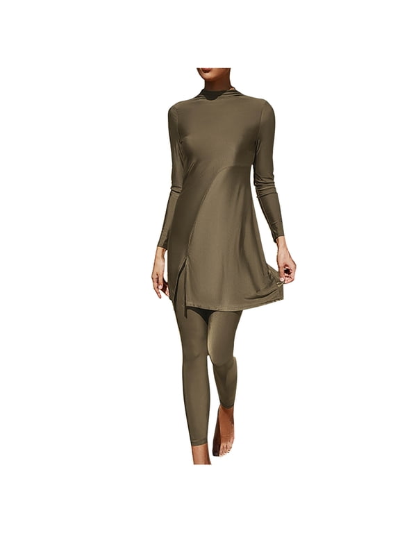 Women 2 Piece Full Coverage Bathing Suits Modest Long Sleeve Side Slit Dress with Long Pants Muslim Swimwear