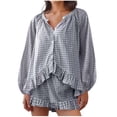 thumbnail image 1 of Women 2 Piece Gingham Pajama Sets Puff Sleeve Button Down Peplum Tops and Y2k Ruffle Lounge Shorts Sleepwear, 1 of 2