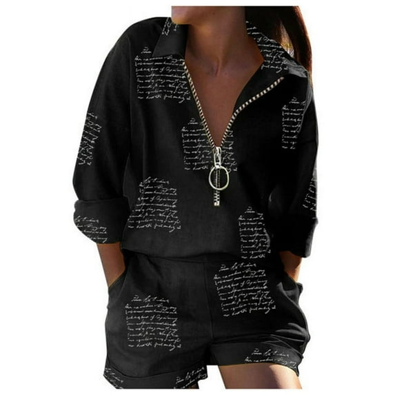 Women 2 Piece Half Zip-Up Floral Shirt and Shorts Sets Casual Vacation Outfits with Pockets Black Letters XXL