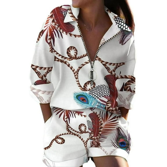 Women 2 Piece Half Zip-Up Floral Shirt and Shorts Sets Casual Vacation Outfits with Pockets Flower L