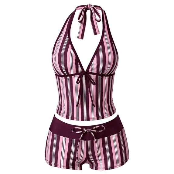 Women 2 Piece Halter Tankini Swimsuits Tropical Floral Print Tie Front Tank Top Boyshort Bottoms Split Bathing Suit For Beach Pool Vacation